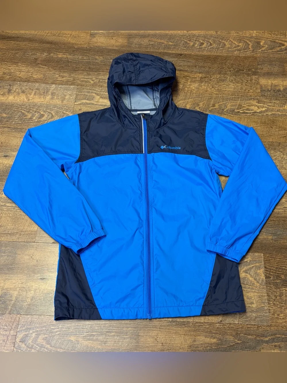Columbia Glennaker Rain Jacket Coat Youth Boys Large 14/16 Blue Navy Hood Zip - Picture 1 of 10